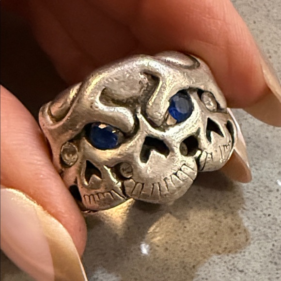 Travis Walker double cross Silver Skull Ring with sapphire  Accents - Picture 5 of 11